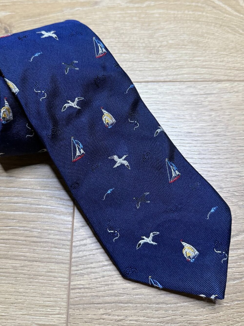 Brooks Brothers Navy Blue Seagull & Sailboat Silk Tie Nautical USA 57”x3.5”